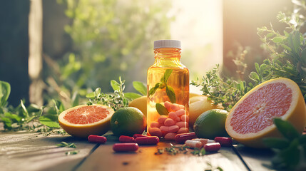 The vitamins bottle is illuminated by soft sunlight, nestled among fresh produce like tangy grapefruit, zesty lime, and a sprinkle of herbs