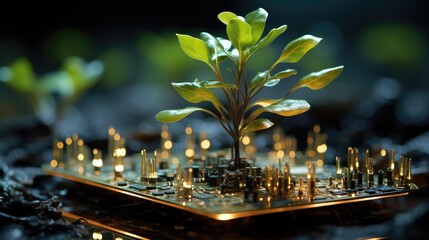 Wall Mural - A small green plant sprouts from a circuit board, symbolizing growth and innovation.