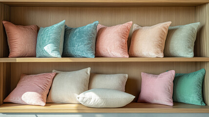 Canvas Print - Pastel-colored pillows arranged on wooden shelves.