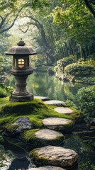 Wall Mural - A serene traditional Japanese garden featuring stone lantern, lush greenery, and tranquil pond