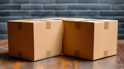 Four cardboard boxes on a wooden table against a brick wall, likely for shipping or storage.