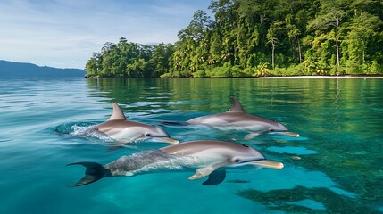 Wall Mural - A group of dolphins swimming playfully in the turquoise waters of a tropical sea