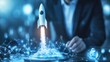 © ShinneProject - A white rocket launches from a smartphone held by a businessman, signifying the power of technology and innovation for business growth.