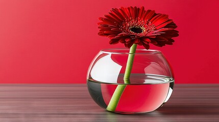 Poster -   Red flower in glass vase on wooden table beside red wall