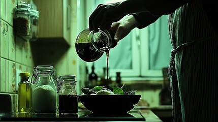 Sticker -   A person pours a liquid into a bowl of food on a kitchen counter near milk bottles and a blender