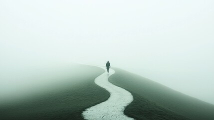 Wall Mural - start before knowing it all: a person stepping onto a winding path that disappears into a foggy unkn