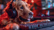 © Katerina Bond - A golden retriever dog playing video games in a computer wearing a headset, gamer dog with headset.