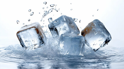 Ice cubes splashing into water, creating dynamic ripples and droplets.