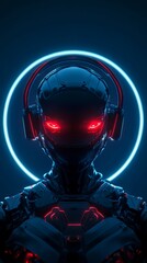 Wall Mural - futuristic robot wearing headphones surrounded by neon light