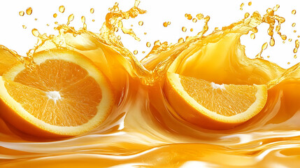 Juicy orange halves splashing in vibrant orange liquid.