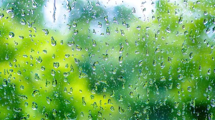 Poster - close-up of green tree with raindrops on window against blue sky