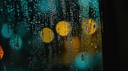 Sticker -   A rain-drenched window with yellow-green traffic lights behind and raindrops on its surface is shown in this close-up image