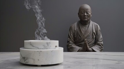 A white stone incense burner with smoke rising from it