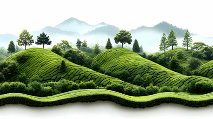 Wall Mural - Lush green hills with tea plantations and distant mountains create a serene landscape.