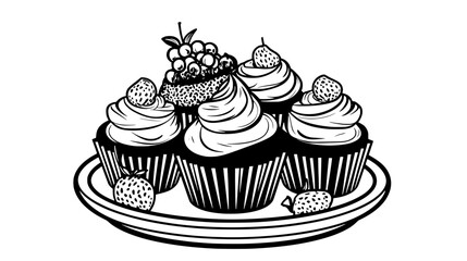 Wall Mural - Multiple low-sugar cupcakes on a circular dish with a small bowl of fruit in the background, vector illustration art