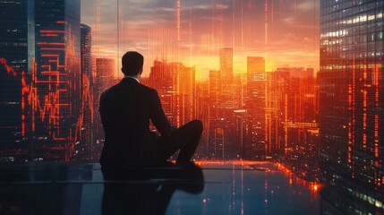 Wall Mural - A businessman in a suit sits on the edge of a building, gazing at the cityscape and a fiery sunset.