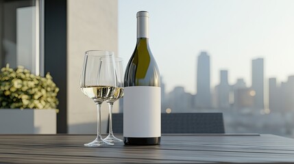 Two wine glasses and a bottle sit on a wooden table overlooking a city skyline as the sun sets, creating a serene atmosphere for relaxation.