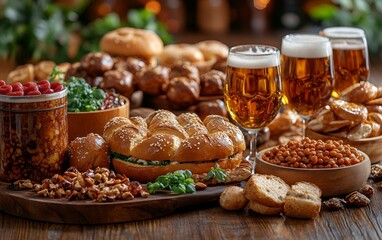 a table with food and drinks. 