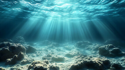 Serene underwater scene with sunbeams illuminating the ocean floor.