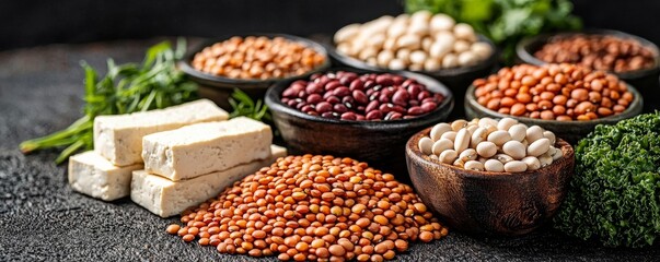 Assortment of Legumes and Tofu on a Black Background, red lentils, red beans, white beans, tofu, healthy eating, vegan diet