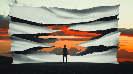Wall Mural - torn fabric of reality: a human figure standing in front of a large fabric that, been torn in multip