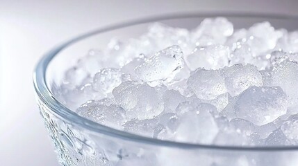 Sticker -   Glass bowl holding ice cubes atop white table, beside white tablecloth and wall