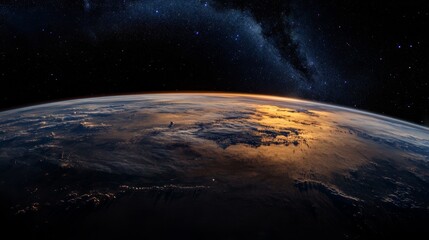 Wall Mural - sunrise is illuminating earth as seen from space with milky way galaxy