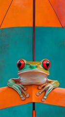 Green tree frog relaxing under orange umbrella with turquoise background