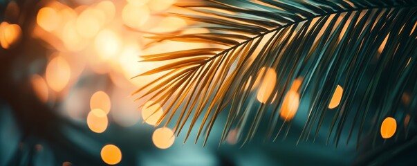 Canvas Print - Tropical palm leaf with golden bokeh lights background