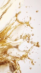 Poster - Golden liquid splashing and creating bubbles on white background