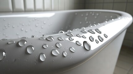 Wall Mural -   A clear close-up photo shows a bathtub filled with droplets of water spilling onto the edge, against a background of white tiles