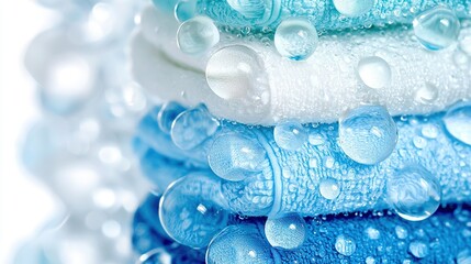 Poster -   A stack of blue-white towels with water drops on both sides