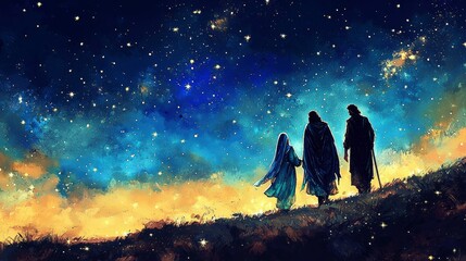 Under a Starry Sky, A Family Walks Towards the Horizon, Digital Painting, Three Figures, Night Sky, Stars, Composition