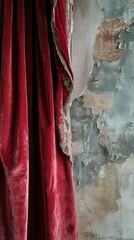 Sticker - Red velvet curtain hanging on a damaged wall revealing decay