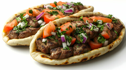 Wall Mural - Two pita breads filled with grilled meat, tomatoes, onions, and herbs, ready to eat.