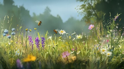 Wall Mural - Two bees fly above a meadow filled with colorful wildflowers and green grass on a misty morning.