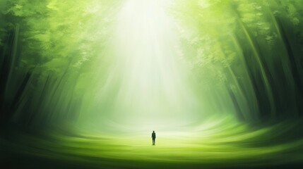 Wall Mural - A person standing in a forest with the sun shining through, AI