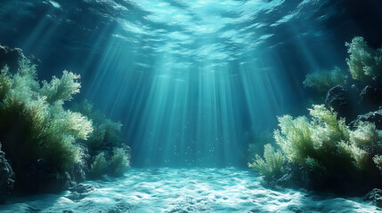 Underwater scene with sunlight filtering through water, illuminating coral and aquatic plants.