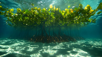 Underwater view of a mangrove forest with vibrant green leaves and intricate root systems.