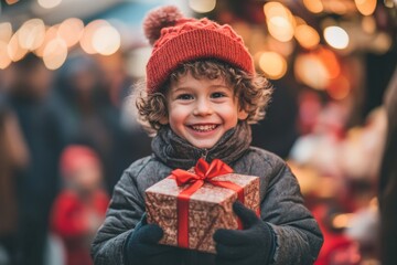 This little boy is happy with his Christmas gift outside when it's Christmas time