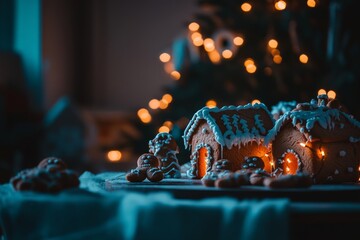 Decorative gingerbread houses, a man on a background of christmas lights and a Christmas tree. New Year, holiday, food, handmade concepts.