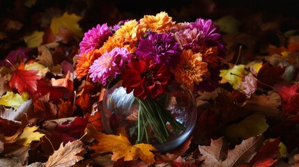 Sticker - A vibrant bouquet of colorful flowers sits in a glass vase. The backdrop features fallen autumn leaves. This image captures the essence of fall and floral beauty. Perfect for seasonal decoration. AI