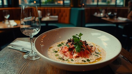 Poster -   A bowl of food rests beside a glass of wine and a wine glass on the table