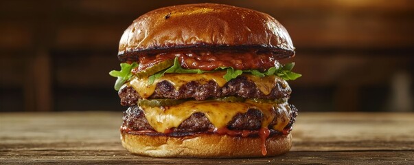 Delicious double beef burger with melted cheese and vegetables on wooden table