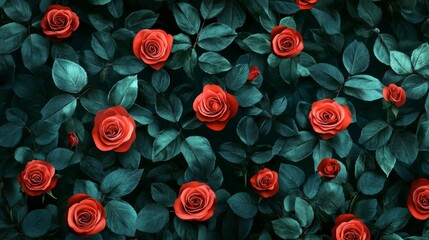 Floral pattern with red roses and deep green leaves generative ai