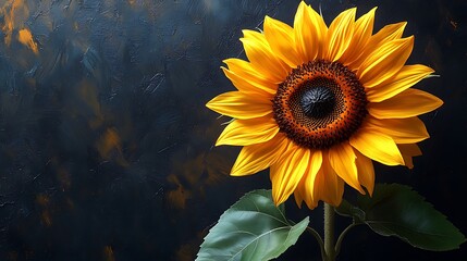 Wall Mural - A vibrant yellow sunflower with green leaves, set against a dark textured background, creates a striking visual.