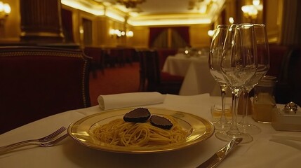 Sticker -   A plate of spaghetti with a glass of wine sits on a table On the side, a wine glass rests