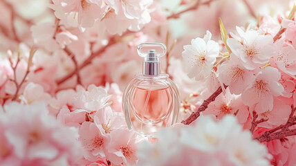 Wall Mural - Perfume bottle in flowers, fragrance on blooming background, floral scent and cosmetic product idea