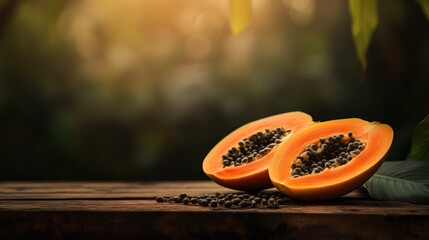 Canvas Print - A halved papaya with seeds on a wooden surface, set against a blurred natural background.