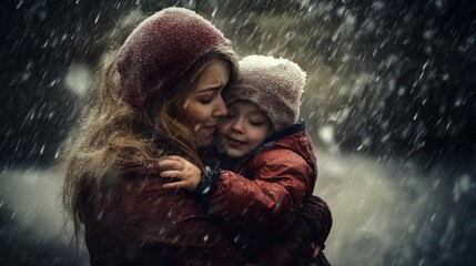 Canvas Print - A mother and child embrace in a snowy landscape, conveying warmth and love amidst winter.